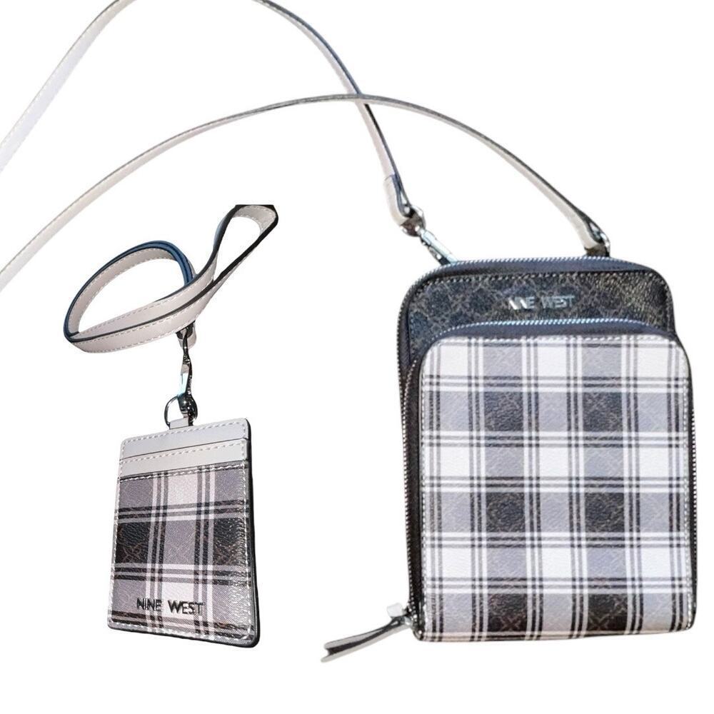 Ivory and brown Plaid detail small cross body bag with matching wallet​​​